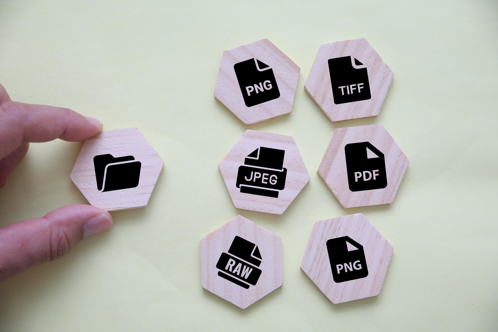 Formaty plików i koncepcja folderów przedstawione za pomocą drewnianych żetonów na pastelowym tle