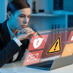 Cybersecurity Analyst Monitoring Digital Threats on Holographic Interface