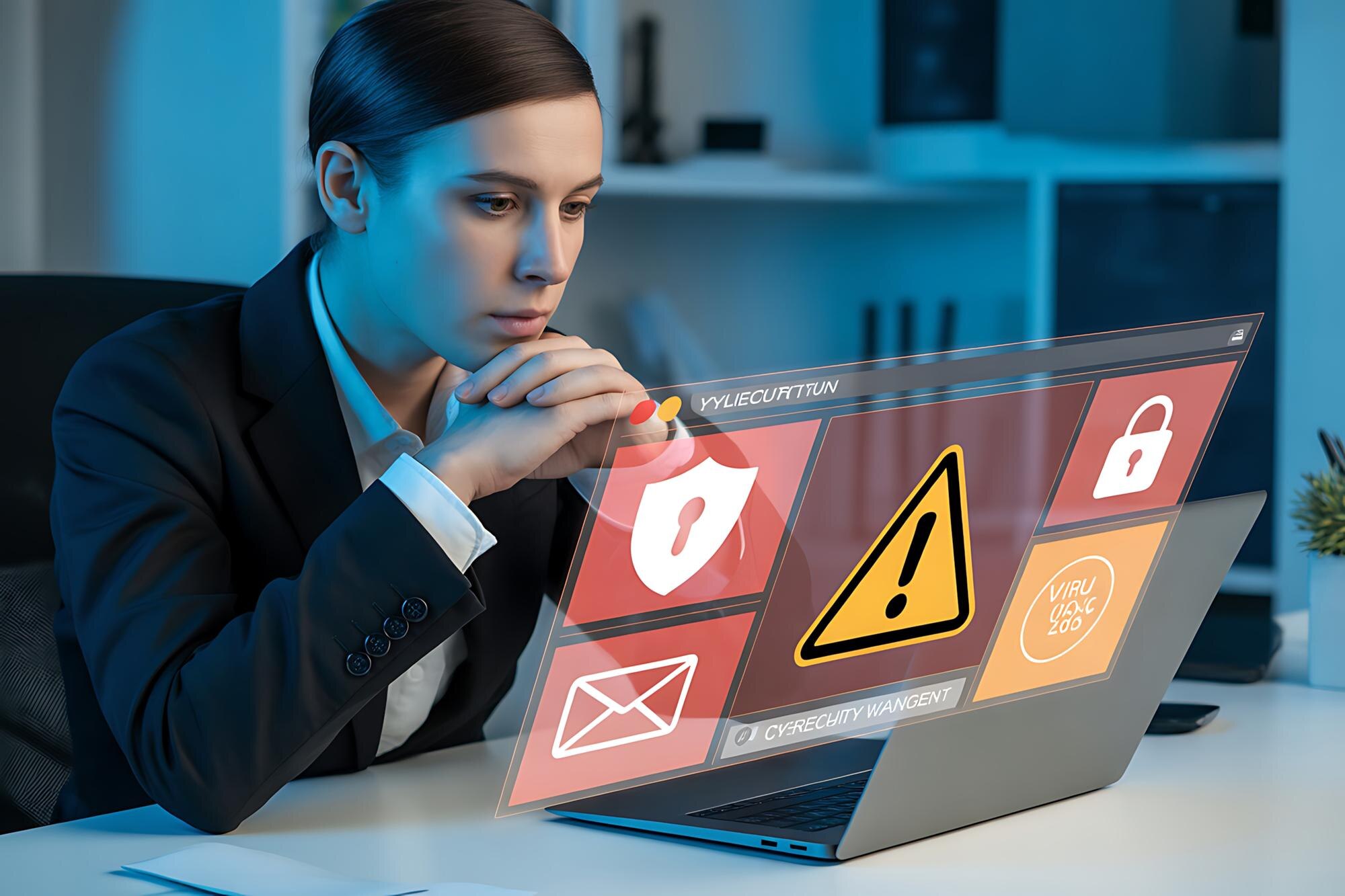 Cybersecurity Analyst Monitoring Digital Threats on Holographic Interface