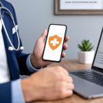 Healthcare professional using mobile health app in office