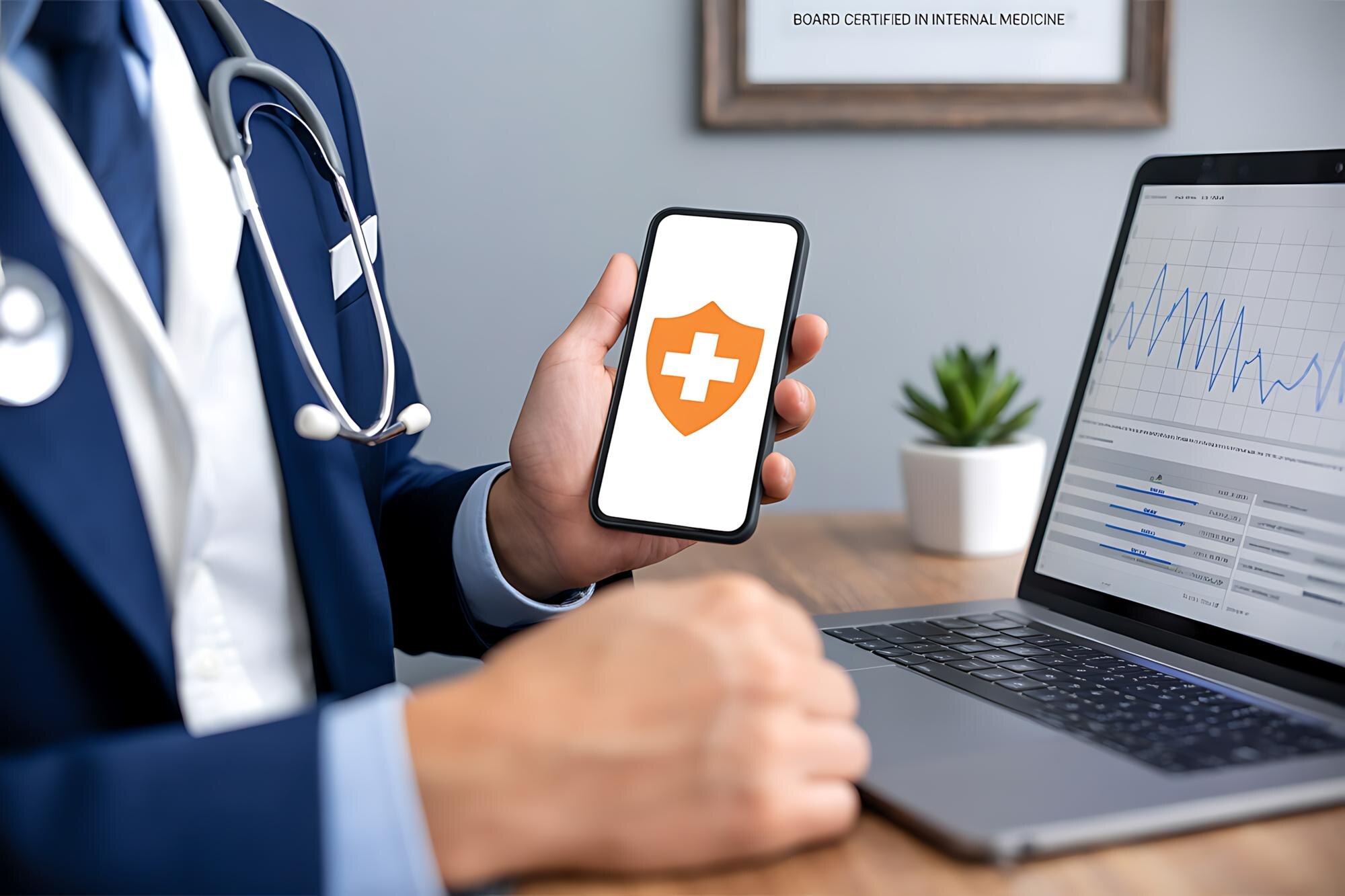 Healthcare professional using mobile health app in office