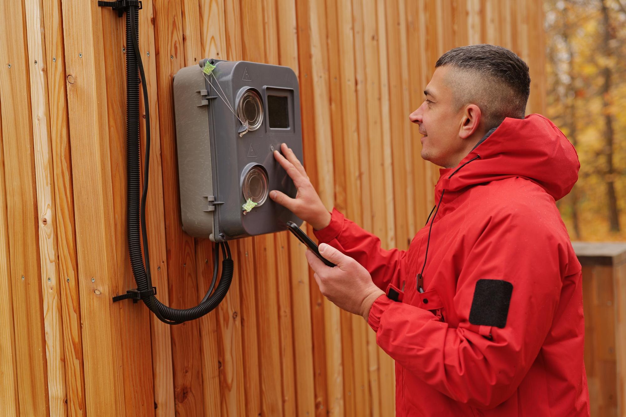 A technician in a red jacket checks a utility meter mounted on a wooden wall in a serene neighborhood as autumn leaves fall around him