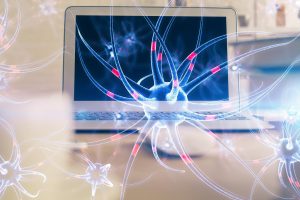 Tło komputera stacjonarnego i rysunek neuronu Koncepcja edukacji podwójnej ekspozycji