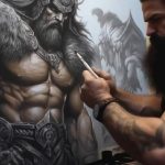 Mężczyzna z brodą maluje ciało brodą i brodą.