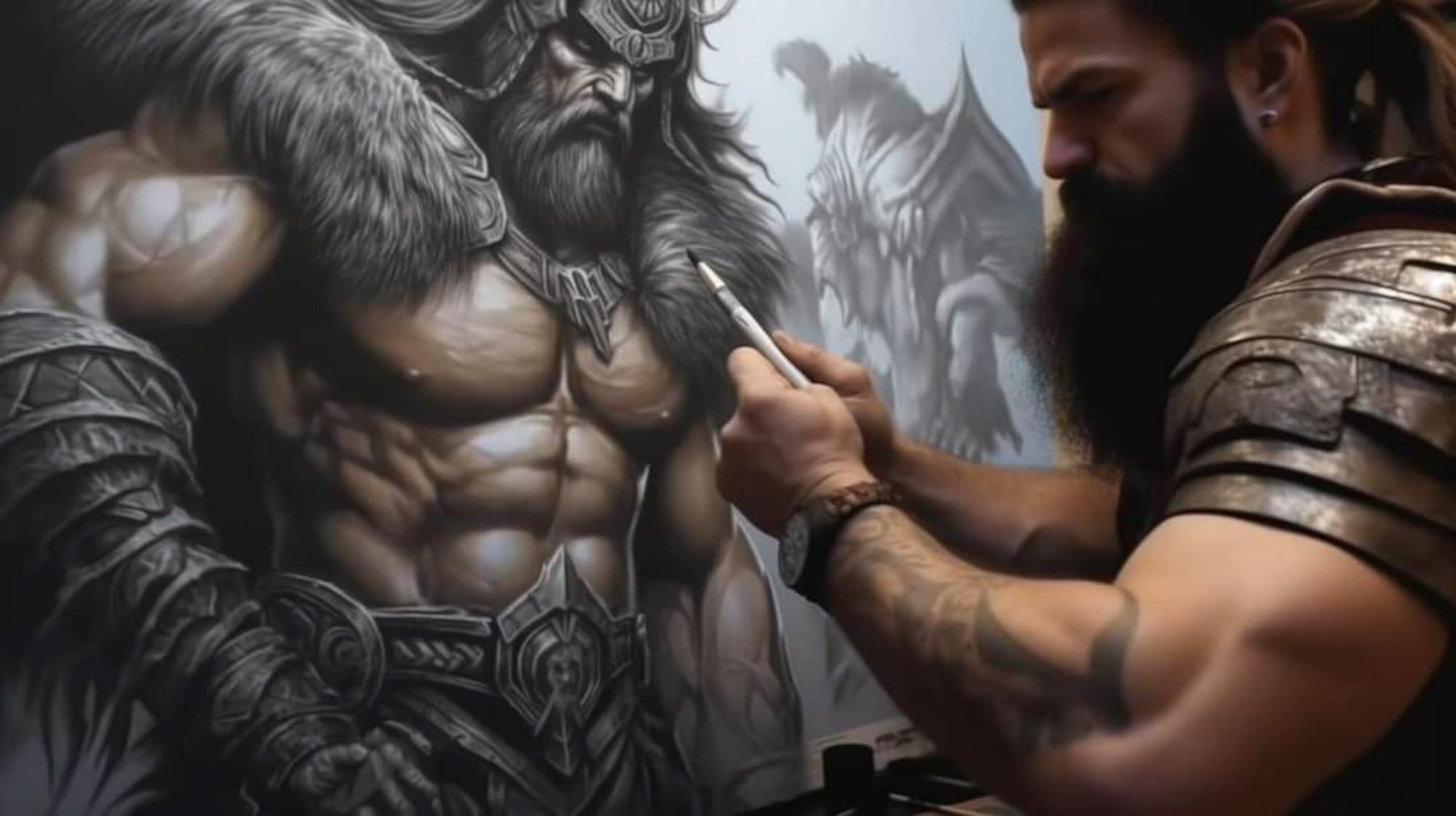 Mężczyzna z brodą maluje ciało brodą i brodą.