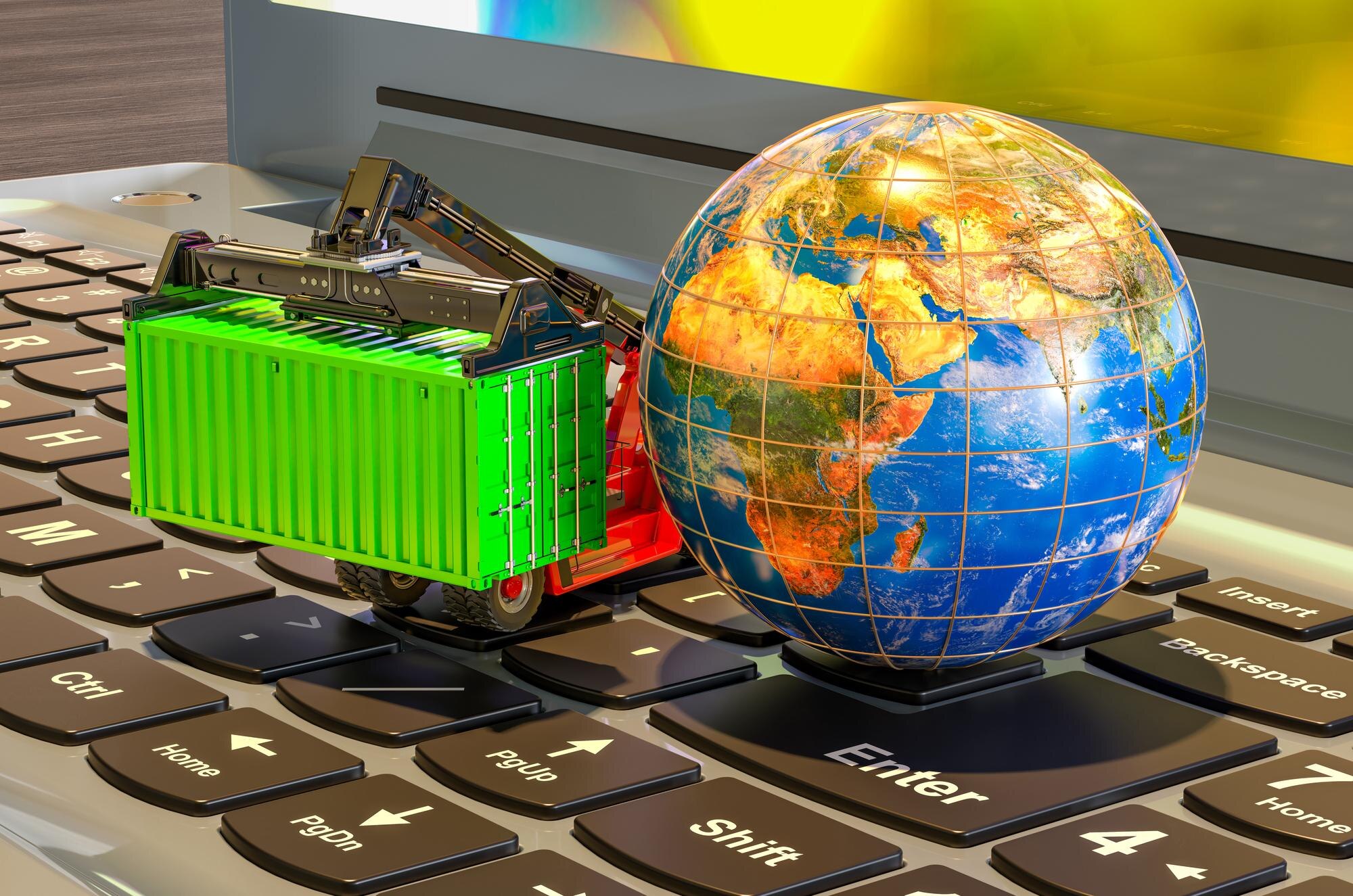 Koncepcja międzynarodowego transportu towarowego Earth Globe i stacker z kontenerami ładunkowymi na klawiaturze renderowania 3D laptopa