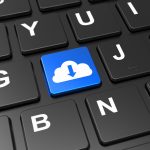 Close up blue button with cloud download sign on black keyboard