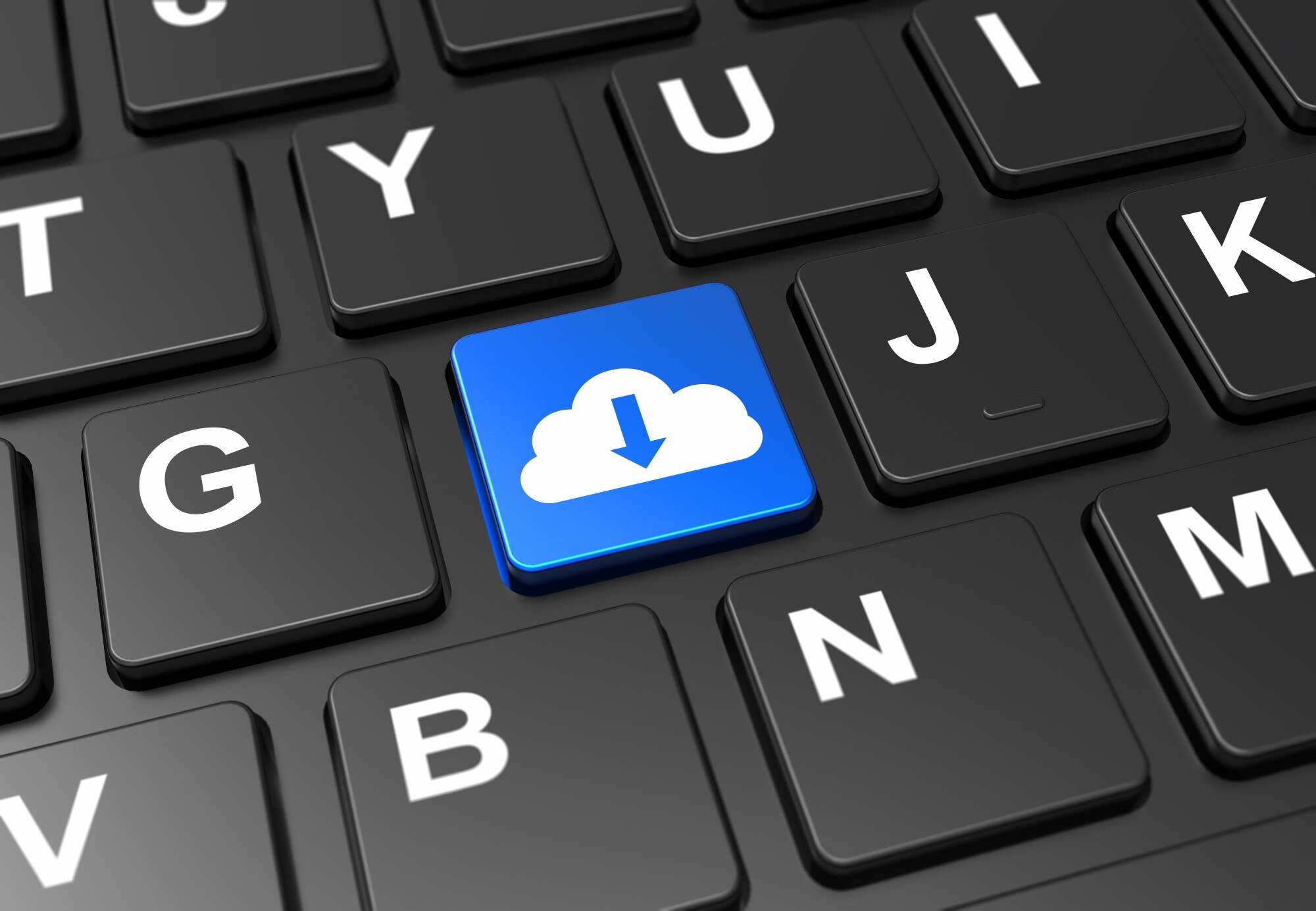 Close up blue button with cloud download sign on black keyboard