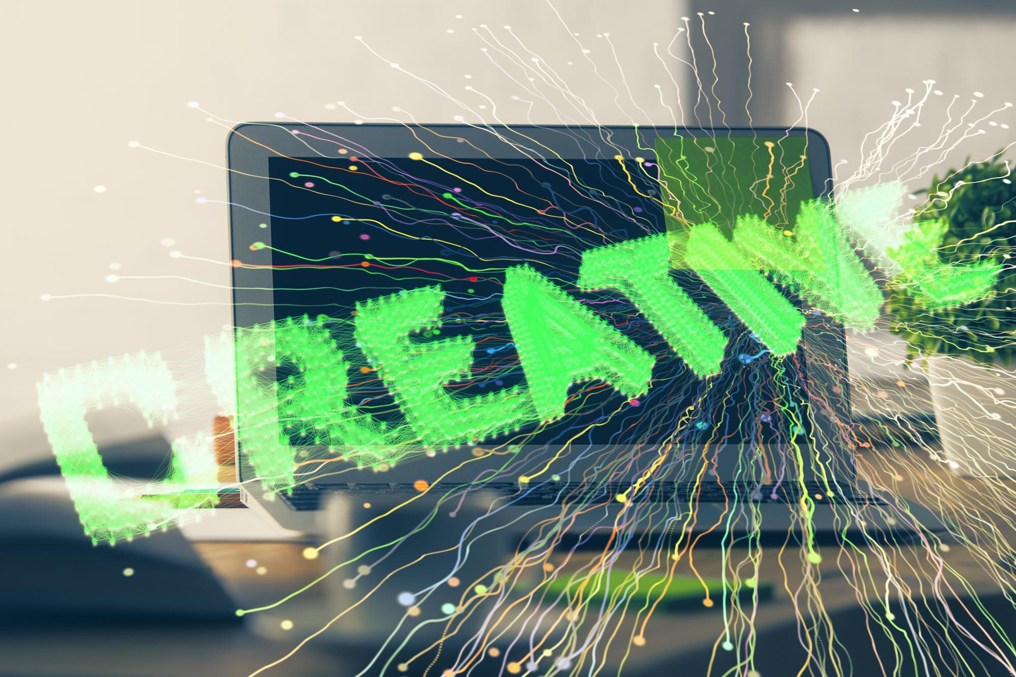 Tło komputera stacjonarnego w biurze i uruchomienie rysunku hologramowego tematu Podwójna ekspozycja Koncepcja uruchomienia