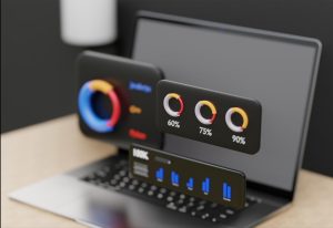 laptop desktop 3d dashboard admin template AI analysis data elegant black background